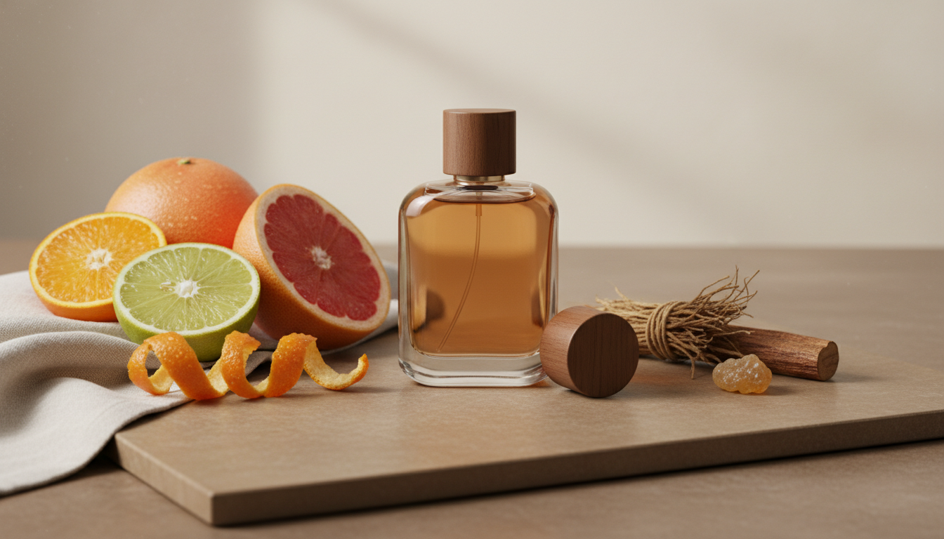 Frasco âmbar de perfume sobre pedra, com gomos de grapefruit e fatias de laranja à esquerda e pedaços de cedro e vetiver à direita, iluminação natural suave.