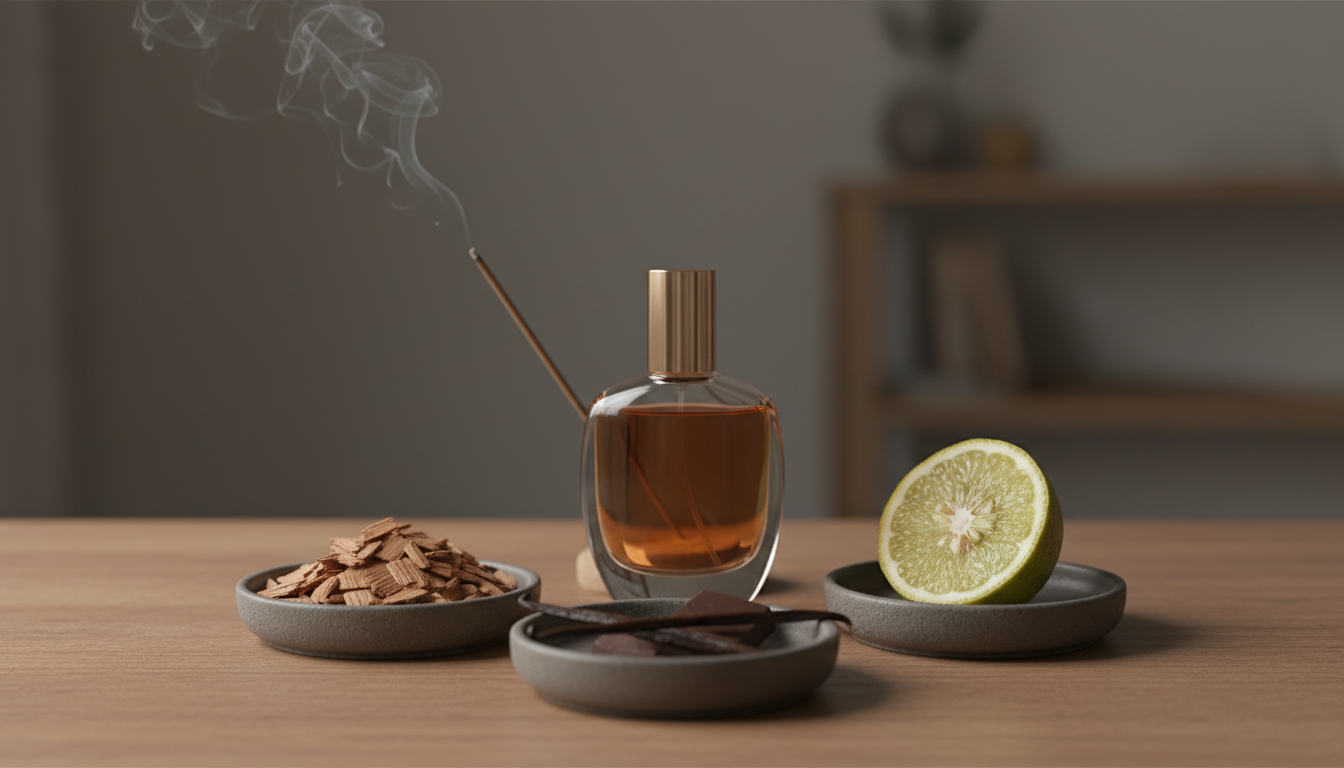 Frasco âmbar de perfume sobre mesa de madeira com pratos cerâmicos contendo lasca de cedro, meia bergamota e fava de baunilha com um pedaço de chocolate; incenso fumegante ao fundo.