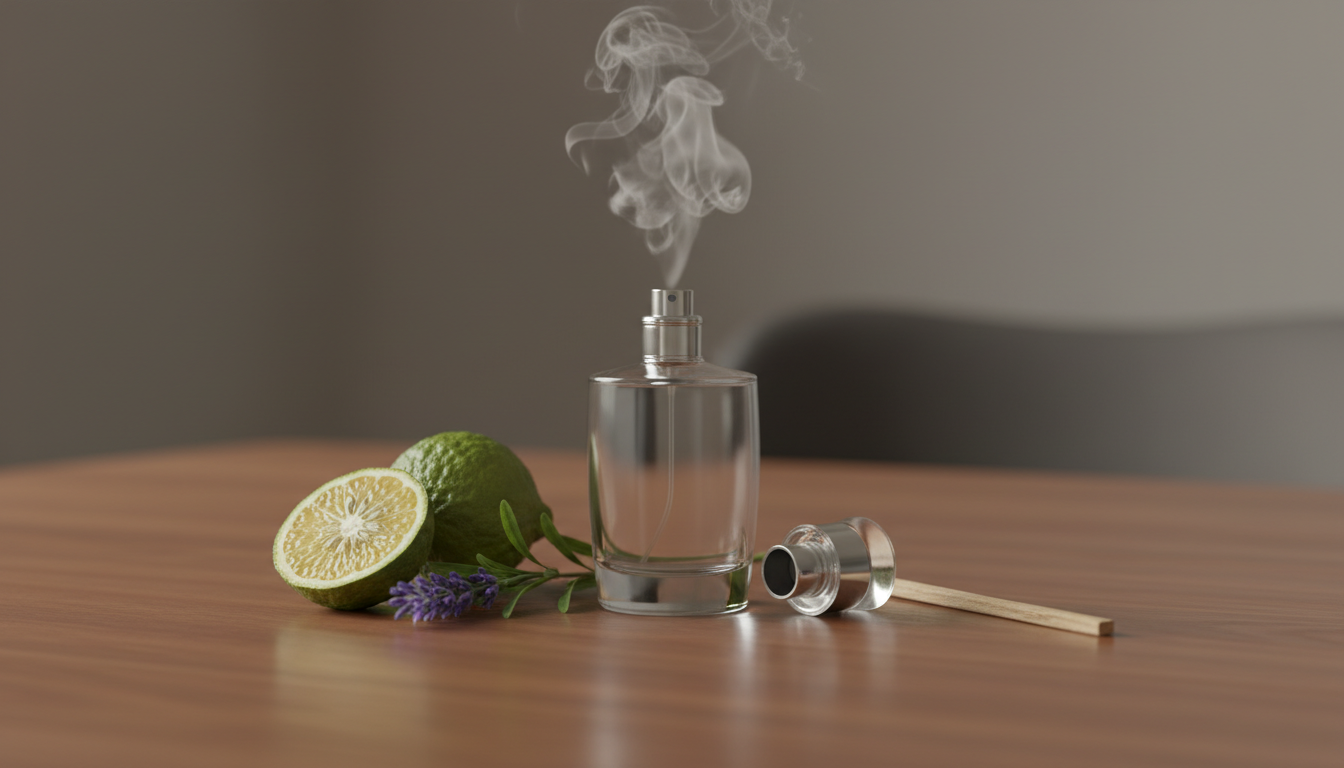 Frasco de perfume de vidro aberto sobre mesa de madeira, com meia bergamota, um ramo pequeno de lavanda e uma lasca de cedro ao redor; uma nuvem de vapor suave sobe do gargalo.