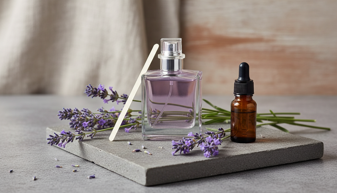 Fotografia editorial de um frasco de perfume sem rótulo com líquido violeta claro sobre pedra, ramos frescos de lavanda ao redor, um pequeno frasco âmbar de óleo essencial e uma tira de teste apoiada ao lado