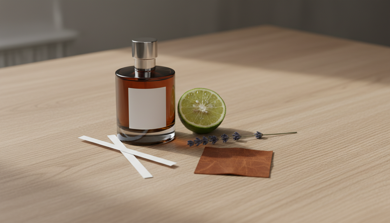 Garrafa escura de perfume sobre bancada de madeira, com fatia de bergamota, raminho de lavanda, amostra de couro e tiras de papel de teste ao lado, fotografia editorial elegante.