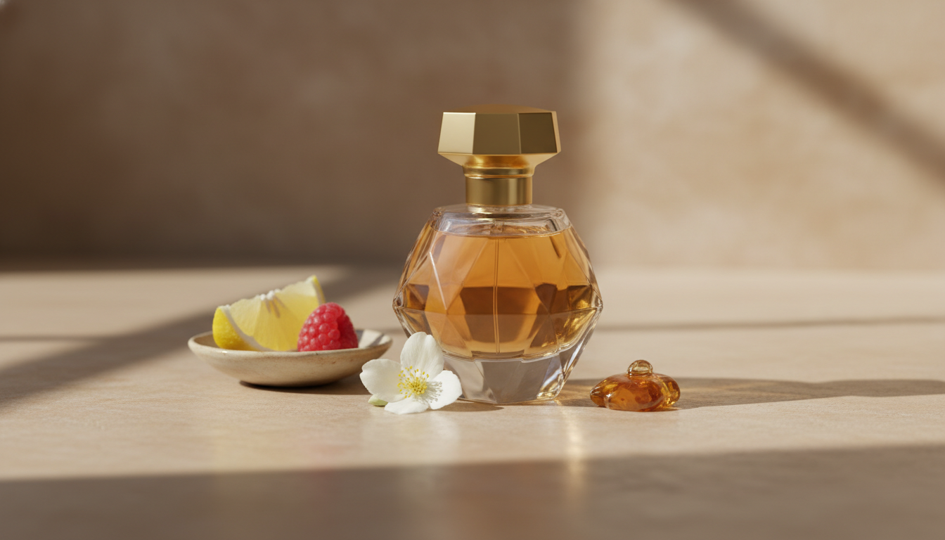 Frasco dourado em forma de diamante sobre bancada de pedra com rodela de limão, framboesa, flor de jasmim e pequena resina âmbar, iluminação natural editorial.