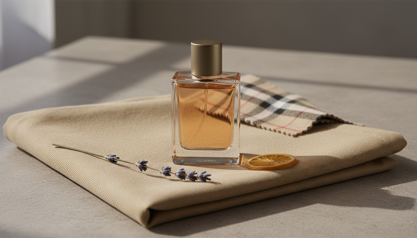 Frasco de perfume minimalista sobre tecido bege tipo gabardine, com um pano xadrez discreto ao fundo e elementos olfativos (lavanda e fatia de bergamota) sobre mesa de pedra.
