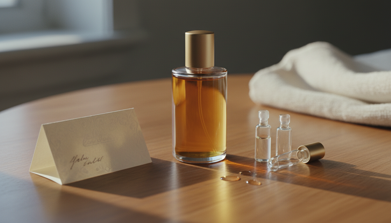 Frasco vintage âmbar de óleo-perfume sobre penteadeira de madeira, com duas amostras de vidro, cartão de salão dobrado e toalha de linho, iluminação natural suave.