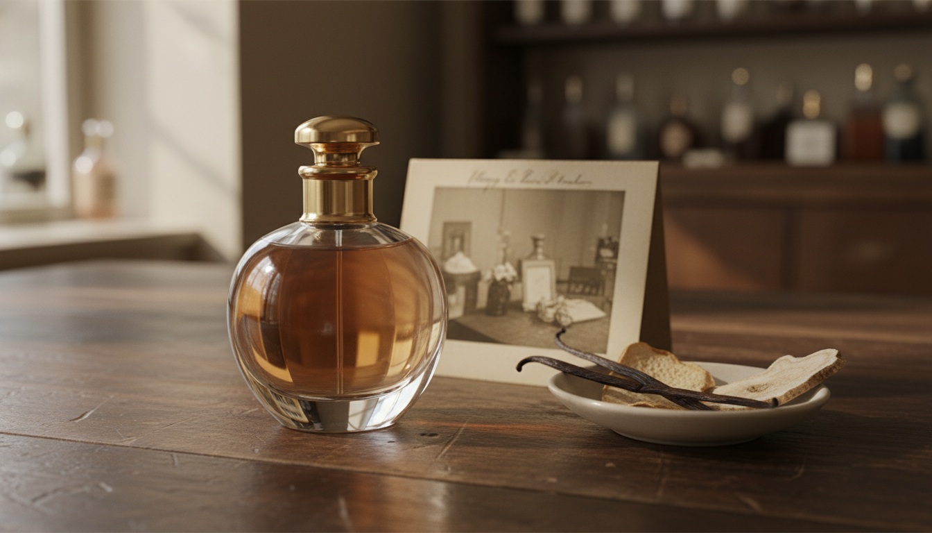 Frasco clássico de perfume sem rótulo sobre mesa de madeira, carta envelhecida ao fundo e prato com baunilha, bergamota e orris, luz natural suave.
