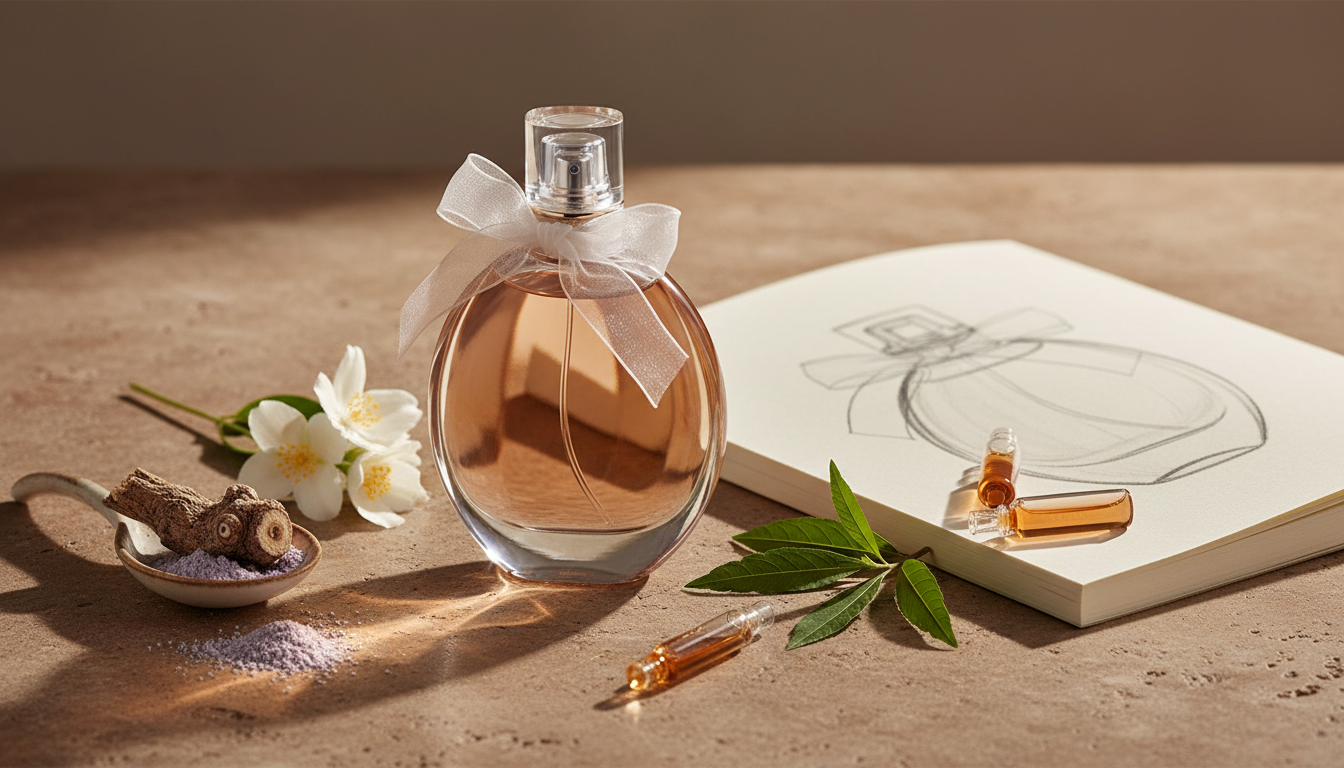 Frasco curvo de perfume sem rótulo sobre mesa de pedra, cercado por pó de íris em colher, flores de jasmim, folha de patchouli, frascos de amostra com líquido âmbar e um caderno aberto com esboço do frasco.