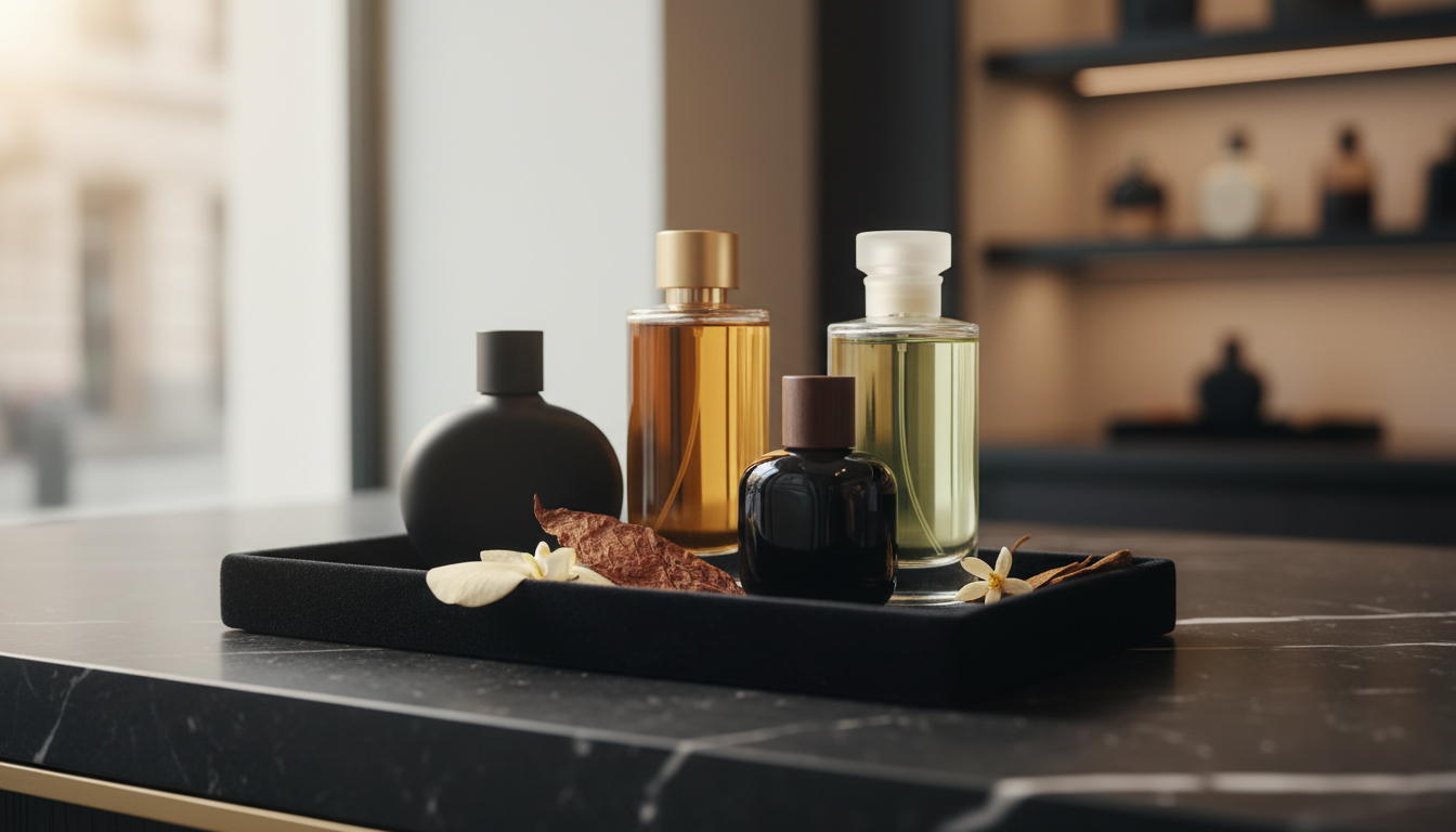 Quatro frascos de perfume de luxo sem marca sobre bandeja de veludo em balcão de mármore, com pétala de orquídea, folha de tabaco e lasca de madeira, iluminação natural suave.