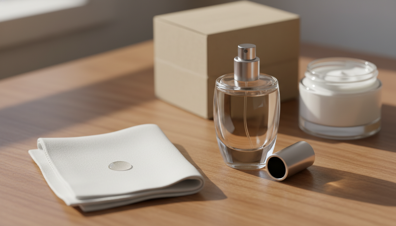 Frasco de perfume elegante com tampa ao lado sobre bancada de madeira, pano de algodão com pequeno ponto de teste e pote de creme sem fragrância, iluminação natural suave.