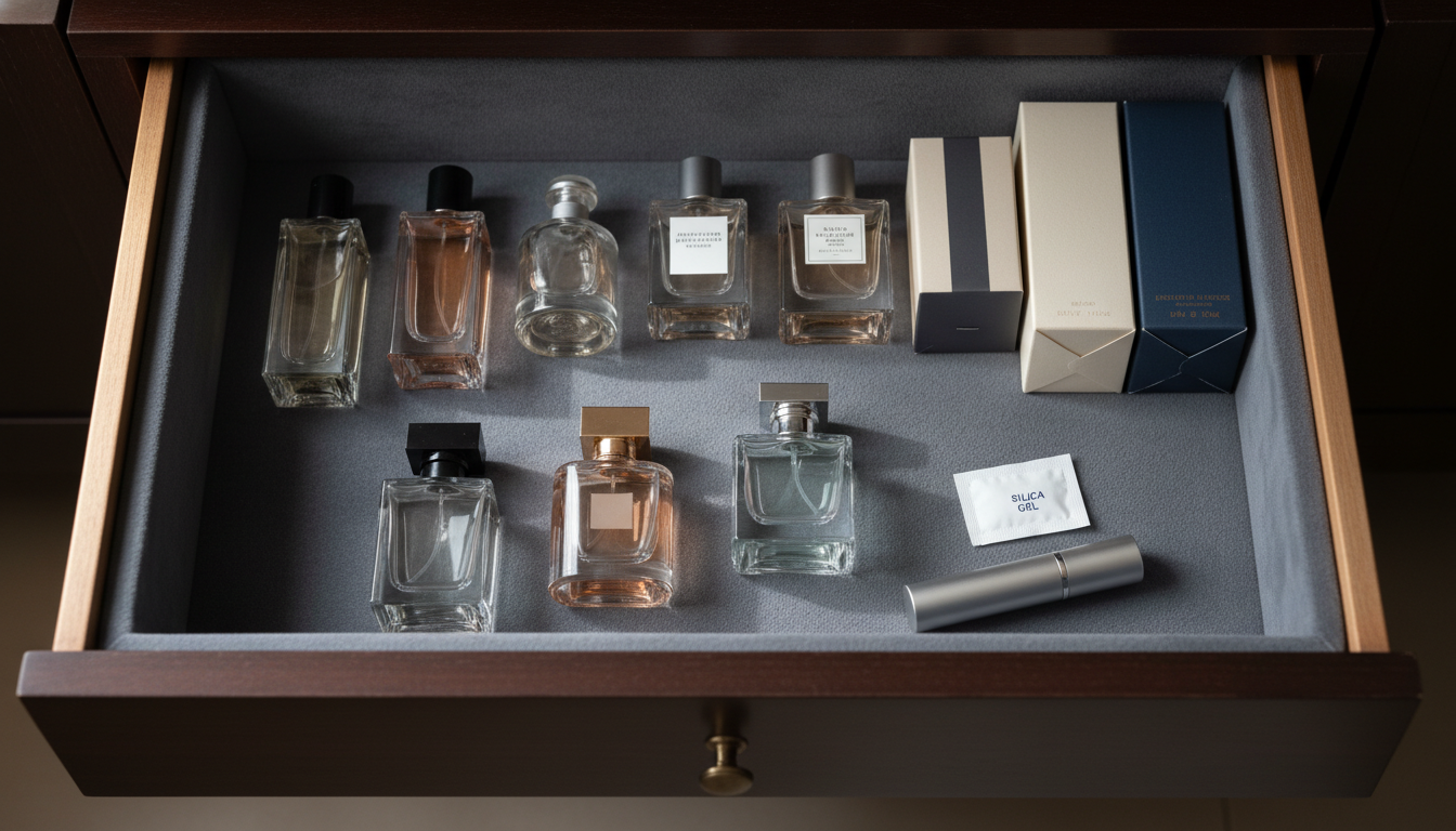 Gaveta de madeira aberta com frascos de perfume organizados, caixas originais e um sachê de sílica gel, iluminação suave lateral.