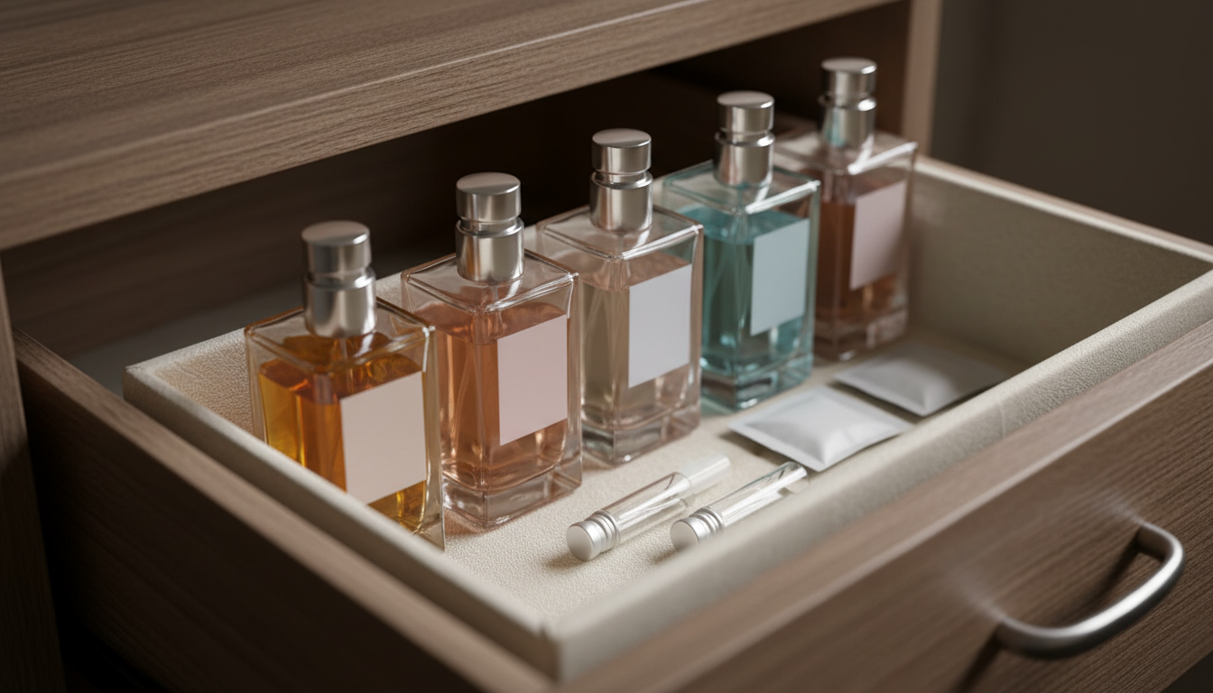 Interior de armário de casa de praia com caixa opaca contendo frascos de perfume em pé, dois saquinhos de sílica gel e pequenos decants sobre tecido, superfície de madeira visível.
