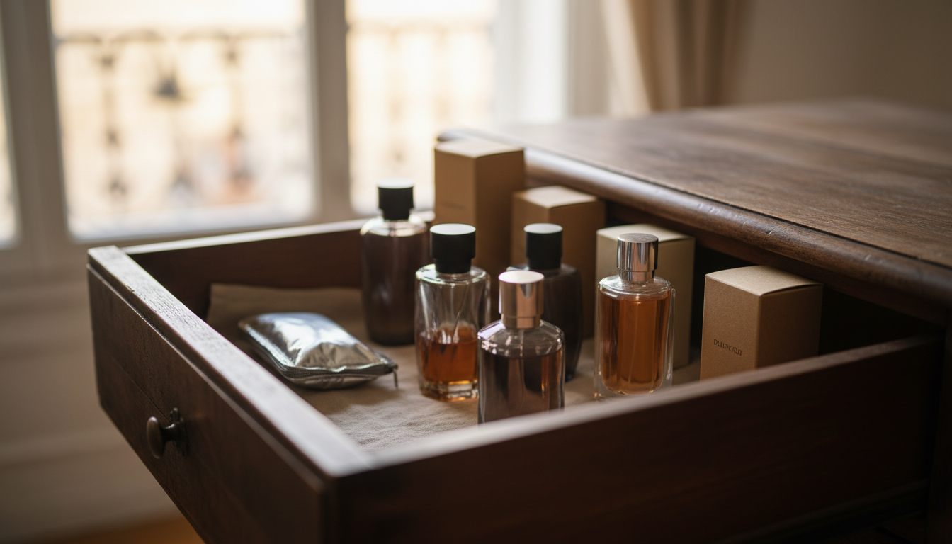Gaveta de madeira ligeiramente aberta com frascos de perfume — alguns em frascos escuros e outros protegidos por caixas — e uma bolsa térmica dobrada, com janela ensolarada desfocada ao fundo, sugerindo armazenamento protegido do calor e da luz.