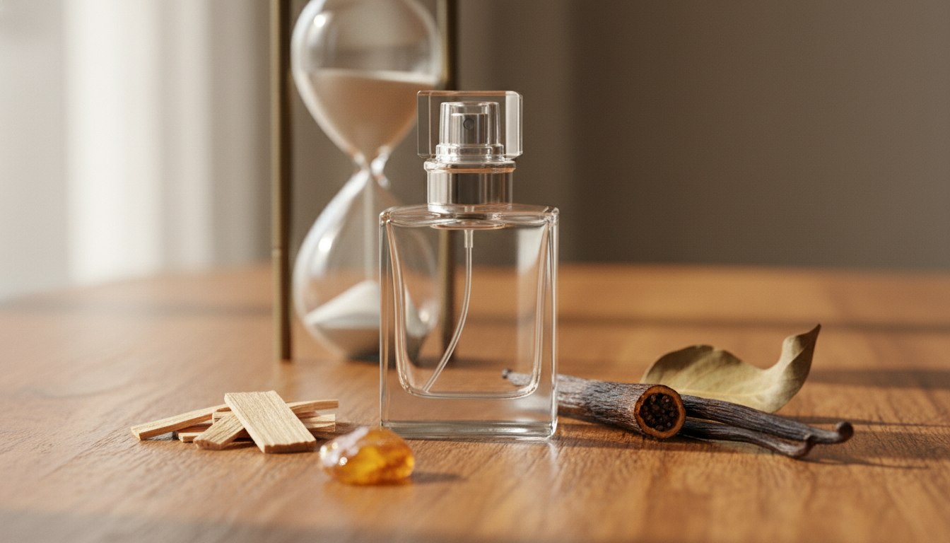 Frasco de perfume elegante sobre mesa de madeira com pedaços de sândalo, fava de baunilha partida, resina âmbar e uma ampulheta desfocada ao fundo