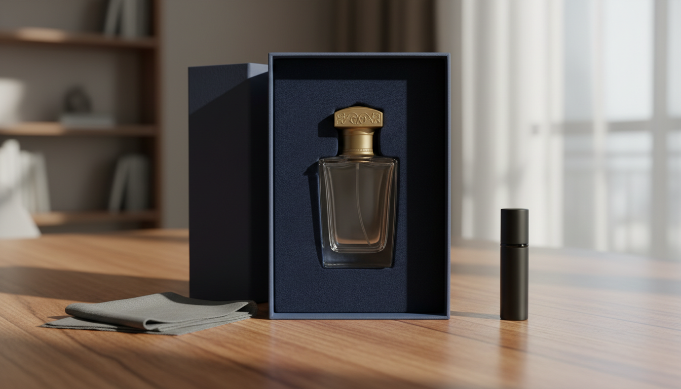 Frasco de perfume delicado dentro da caixa original forrada com veludo, sobre mesa de madeira, com um atomizador de viagem ao lado e um pano de microfibra dobrado.