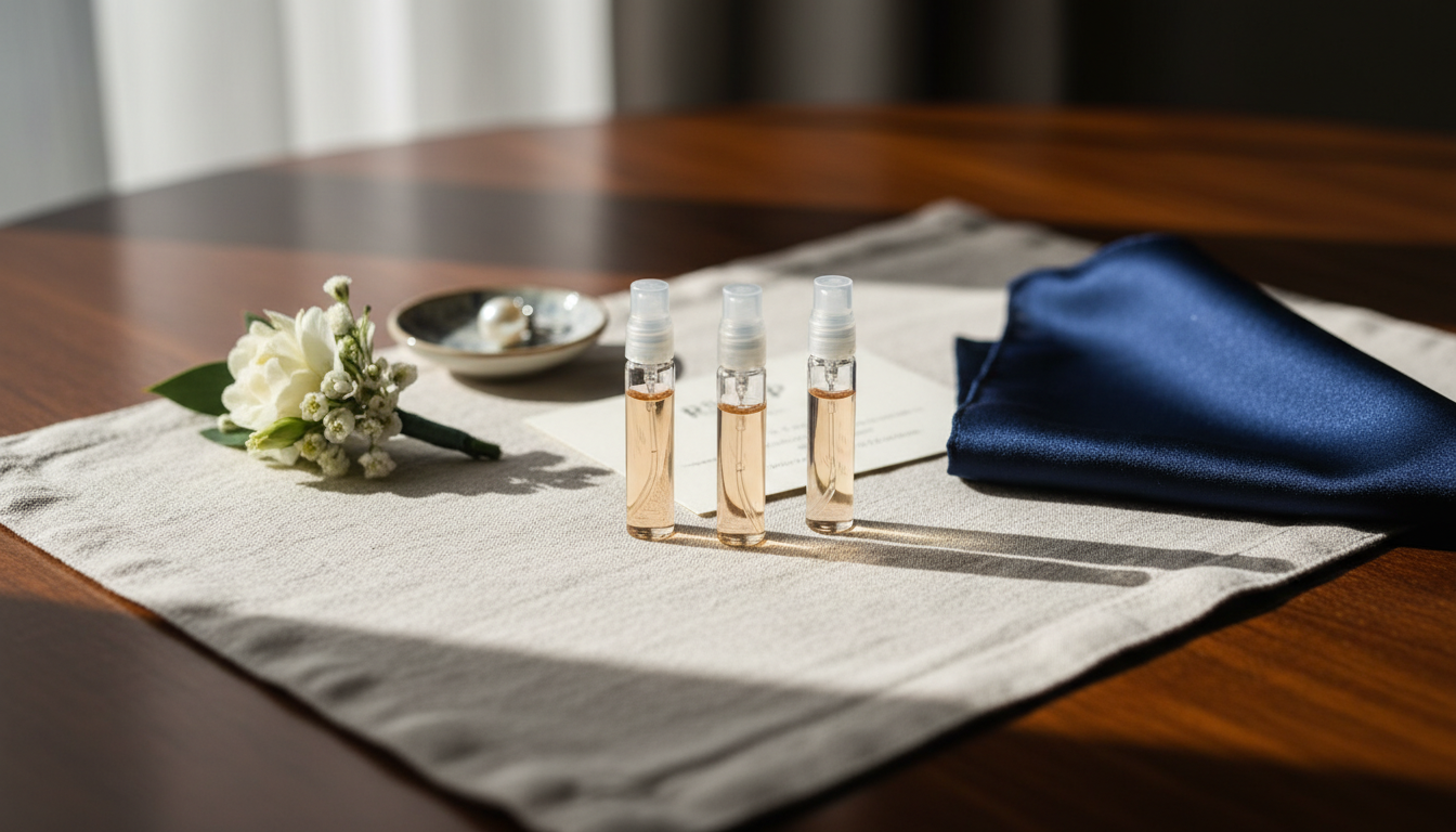 Flat-lay editorial com três frascos de amostra de perfume sobre tecido claro, ao lado de lenço de seda azul-marinho, boutonnière e um pratinhos com pérola, em mesa de madeira sob luz natural.