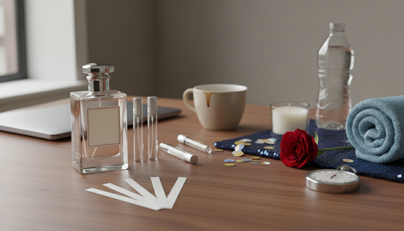 Frasco de perfume elegante sobre mesa de madeira com tiras de prova, frascos de amostra e pequenos objetos que sugerem diferentes ocasiões (xícara de café, laptop desfocado, tecido brilhoso, toalha e garrafa de esporte, rosa e vela).