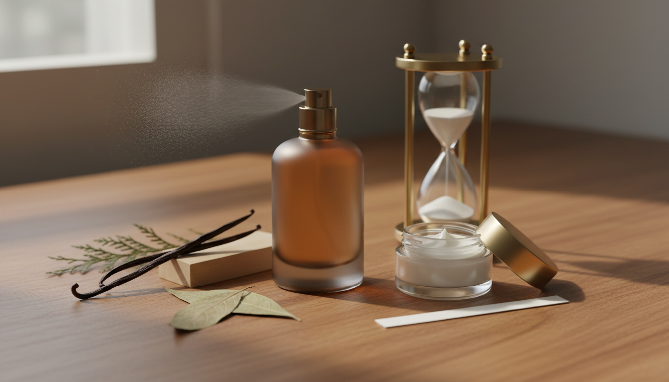 Frasco de perfume sem marca sobre mesa de madeira com vagem de baunilha, lasca de sândalo, folha de patchouli, ramo de cedro, um pequeno frasco de creme aberto e uma ampulheta, fotografia editorial em luz natural.