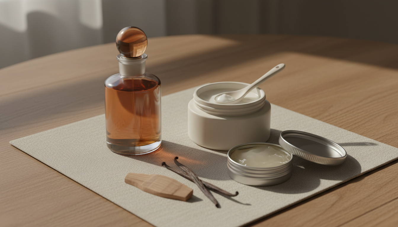 Natureza-morta editorial com frasco de perfume âmbar sem rótulo, pote de hidratante aberto, lata pequena com vaselina e um pedaço de madeira e fava de baunilha sobre linho e madeira, iluminação natural suave.