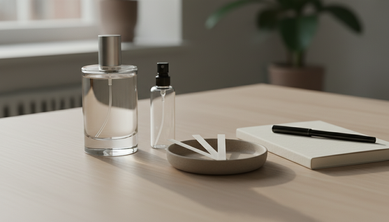 Dois frascos de perfume sem marca sobre mesa de madeira — um frasco premium maior e um decant menor — com um prato cerâmico contendo tiras de papel de teste e um caderno fechado ao lado, sob luz natural suave.