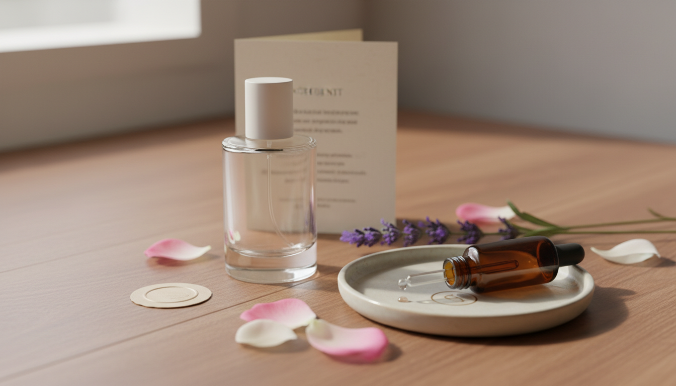 Composição editorial: frasco de perfume sem marca sobre bancada de madeira, frasco âmbar de óleo essencial com conta-gotas, ramo de lavanda e pétalas de rosa, cartão de ingredientes dobrado desfocado e selo em papel sem texto.