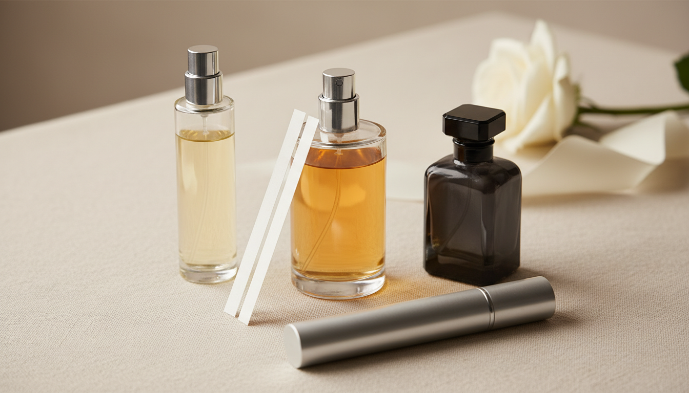 Três frascos de perfume de diferentes aparências sobre tecido de linho, com tiras de teste e um atomizador de viagem, iluminação natural suave e elementos de casamento desfocados ao fundo.
