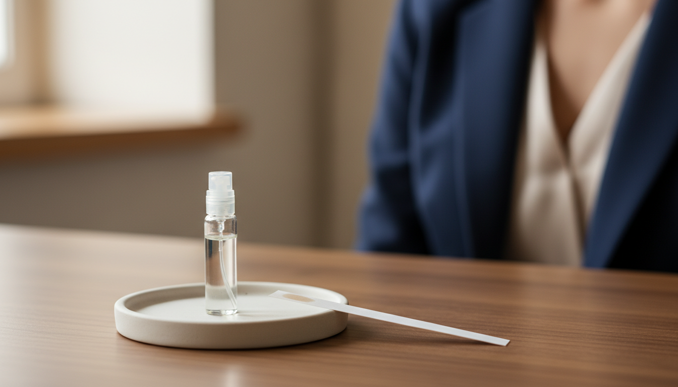 Frasco de amostra de perfume em vidro sobre uma bandeja de cerâmica ao lado de uma tira de teste perfumada sobre uma mesa de escritório; ao fundo desfocado, ombro com blazer indicando ambiente profissional.