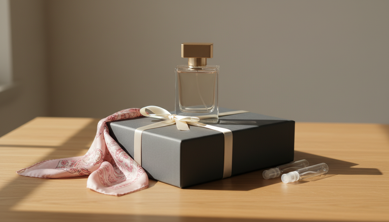Frasco de perfume elegante sobre caixa de presente com fita, duas amostras ao lado e um lenço de seda sobre mesa de madeira, iluminação natural e estilo editorial.