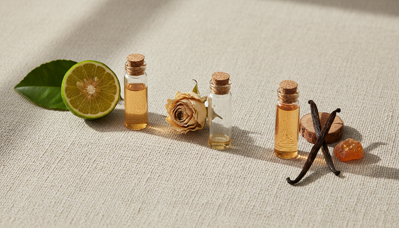 Flat-lay editorial com três amostras de perfume em frascos de vidro sobre tecido bege, acompanhadas por uma fatia de bergamota, um botão de rosa seco e lasca de madeira com fava de baunilha e âmbar.