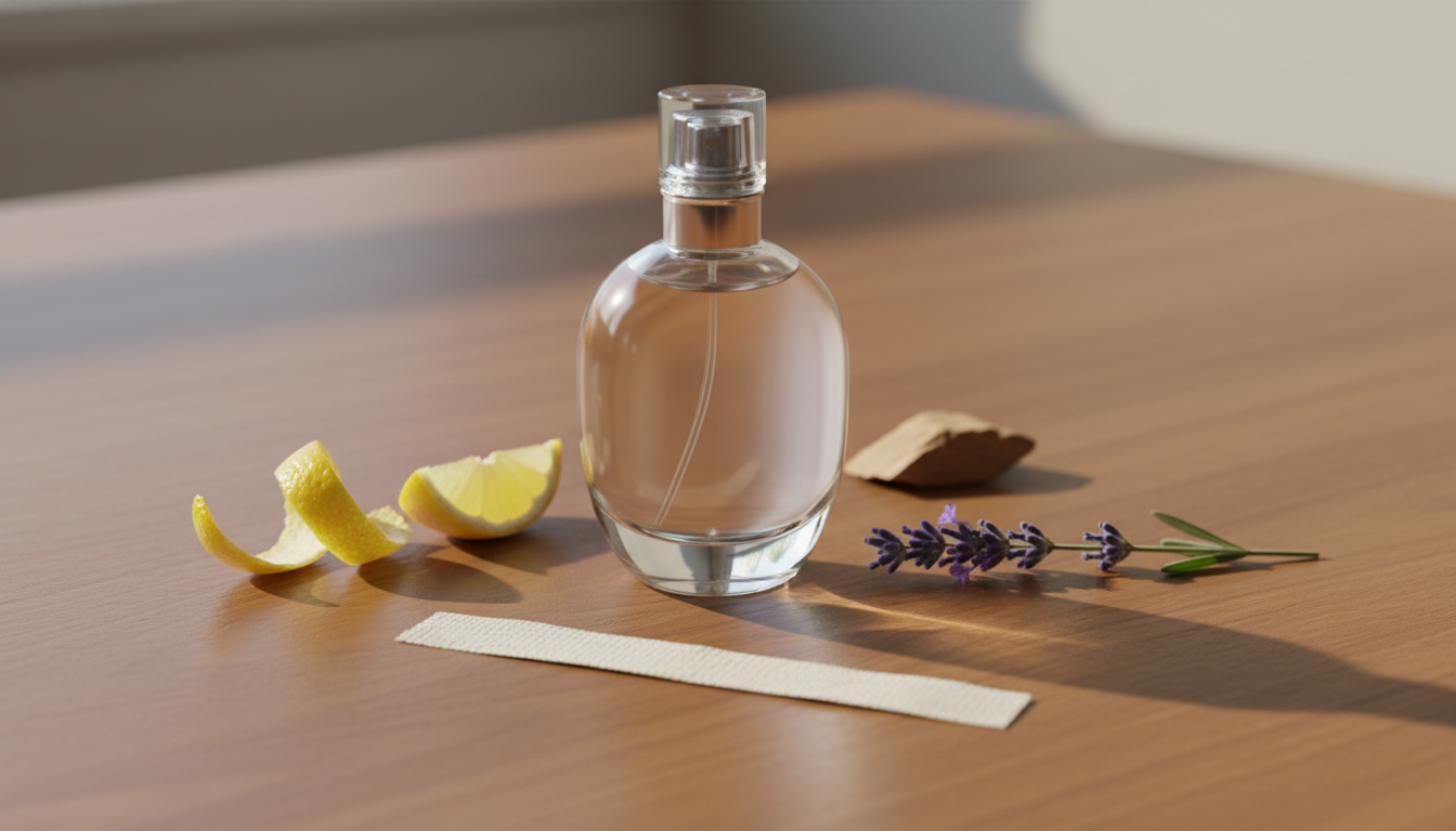 Frasco de perfume sobre mesa de madeira com casca de limão, ramo de lavanda, lasca de cedro e uma tira de teste, iluminação natural editorial.