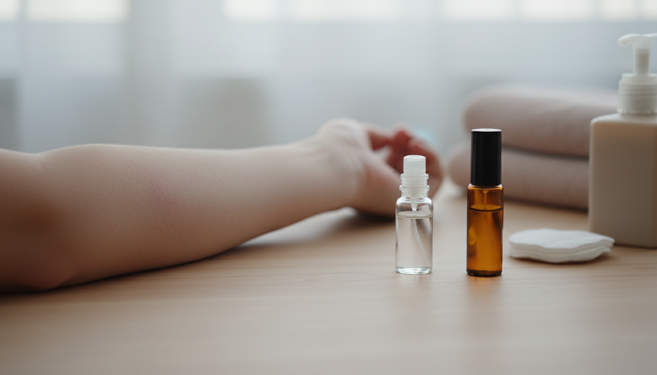 Antebraço apoiado em mesa ao lado de uma amostra de perfume em vidro e um frasco roll-on âmbar, algodão e frasco de sabonete em iluminação natural.