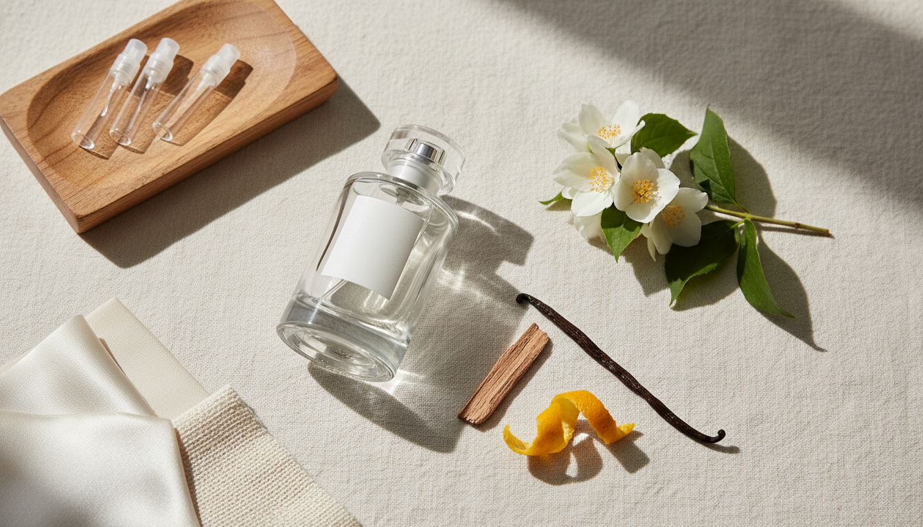 Flat-lay editorial com um frasco de perfume sem marca sobre linho, decants em bandeja de madeira, raminho de jasmim, lasca de cedro, casca de bergamota, fava de baunilha e duas amostras de tecido.