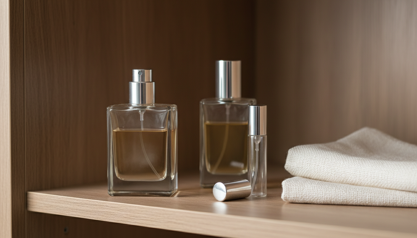 Prateleira de madeira com três frascos de perfume: um frasco de vidro com líquido levemente turvo e mais escuro, ao lado um frasco vedado e um mini-atomizador, com um pano limpo dobrado ao lado, em luz natural suave.