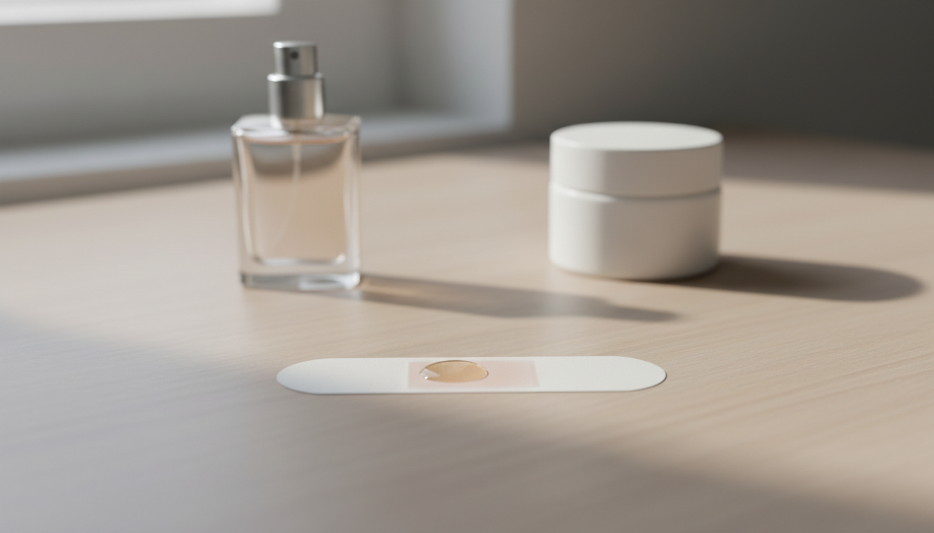 Teste de patch para perfume: adesivo medicinal com pequena gota de fragrância e leve coloração rosada ao lado de um frasco de perfume e um pote de hidratante sobre bancada neutra.