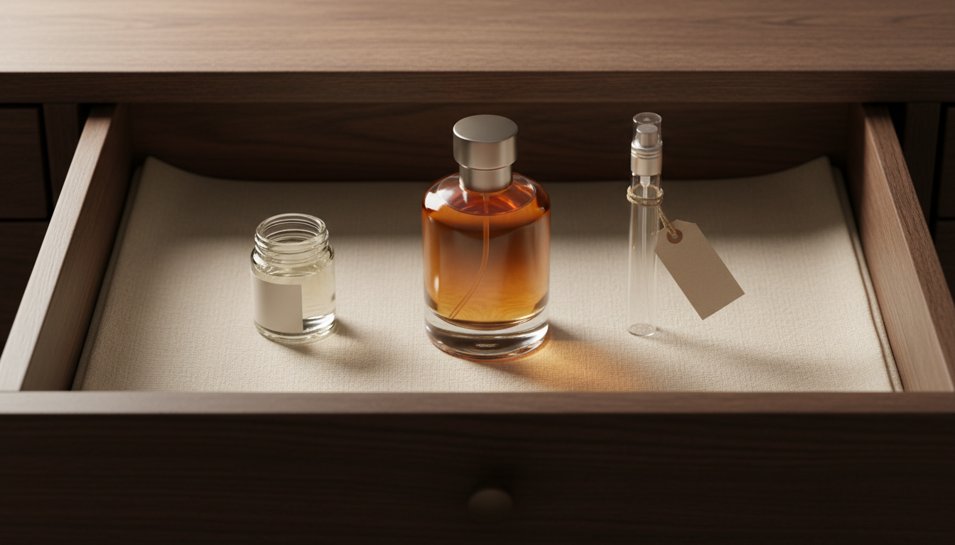 Gaveta aberta escura forrada com tecido, contendo frascos de perfume em pé — um frasco âmbar com tampa vedada, um atomizador de viagem com etiqueta em branco e um pequeno frasco de óleo corporal.