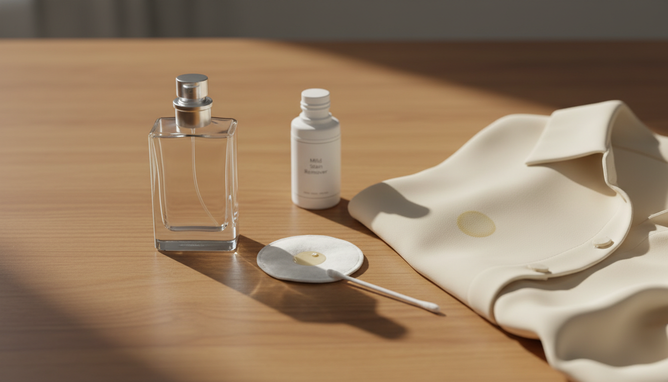 Frasco de perfume sobre mesa de madeira ao lado de uma blusa de seda dobrada com pequena mancha, algodão e cotonete para remoção de manchas