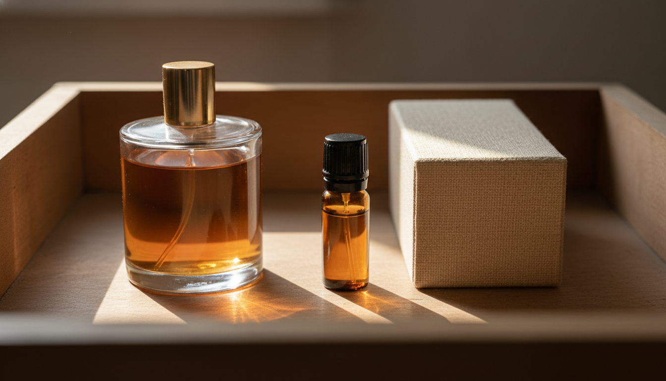 Frascos de perfume sobre uma prateleira de madeira: à esquerda um vidro transparente com líquido visivelmente mais escuro exposto à luz, à direita uma caixa fechada e um pequeno frasco decant âmbar protegidos.