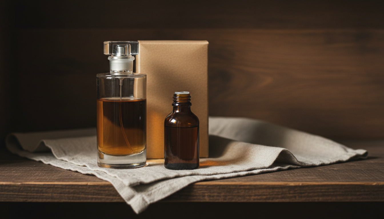 Still-life editorial: frasco grande transparente com líquido levemente escurecido ao lado de um pequeno frasco decant âmbar e uma caixa de papelão, sobre tecido em prateleira de madeira, luz natural suave.