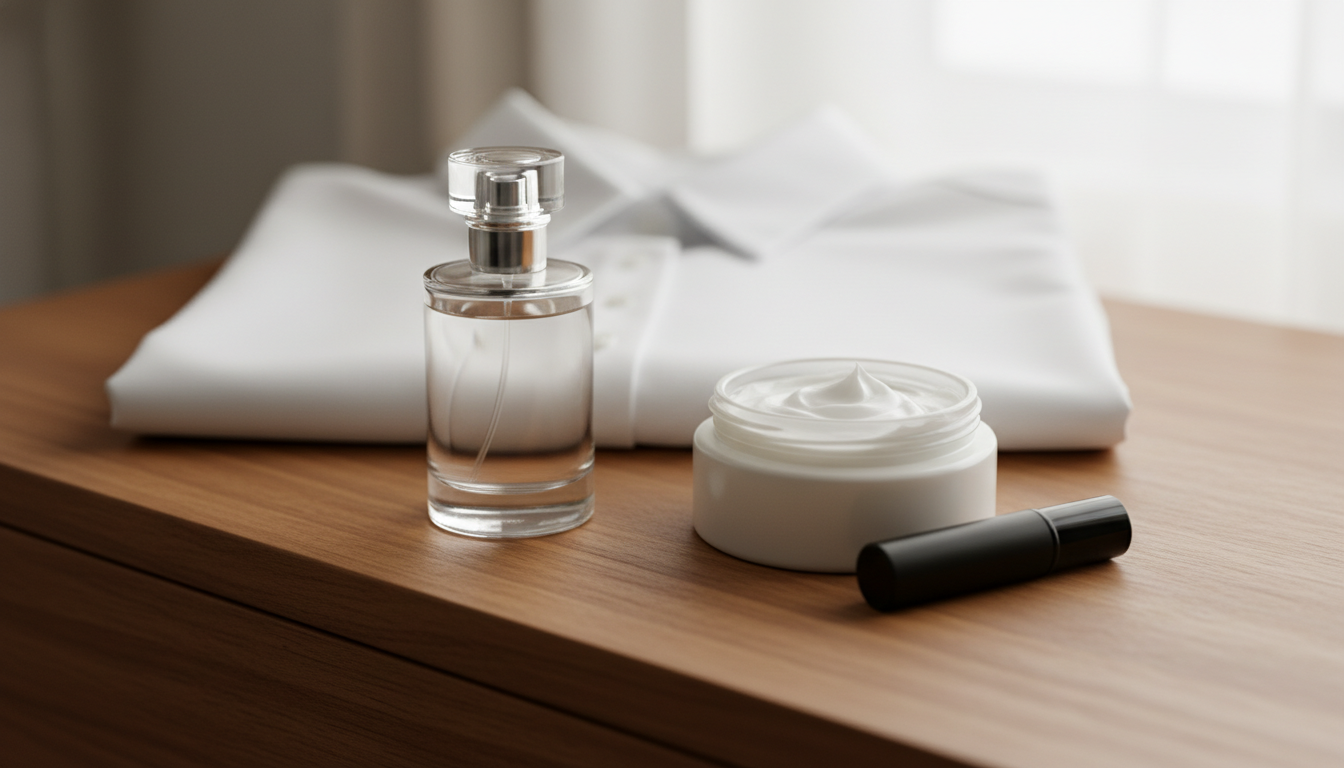 Frasco de perfume sem rótulo sobre cômoda de madeira, ao lado de um pote aberto de hidratante, um atomizador travel-size e uma camiseta branca dobrada, iluminados por luz natural suave.