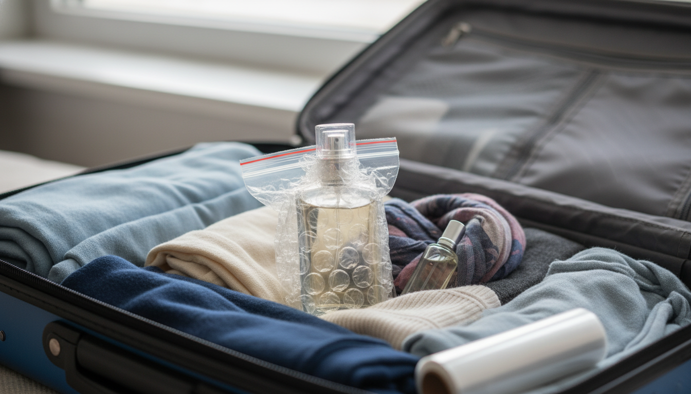 Mala de viagem aberta com um frasco de perfume em vidro envolto em plástico-bolha dentro de um saquinho Ziplock, apoiado no centro entre roupas dobradas; um pequeno decanter e um rolo de filme plástico aparecem ao lado.