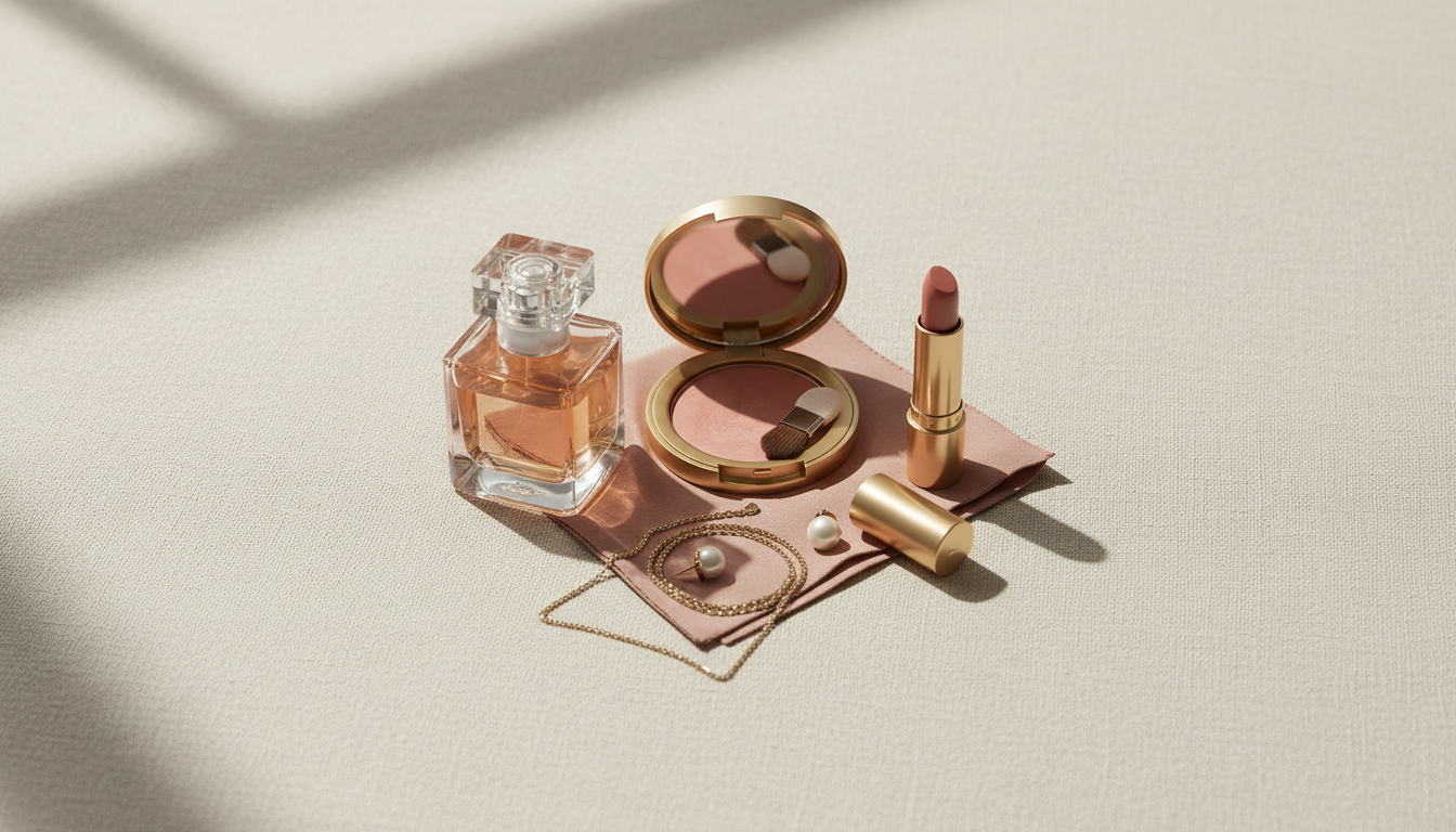Flat-lay editorial com frasco de perfume, estojo de blush aberto, batom rosé, corrente de ouro e lenço de seda sobre tecido linho, paleta coordenada.