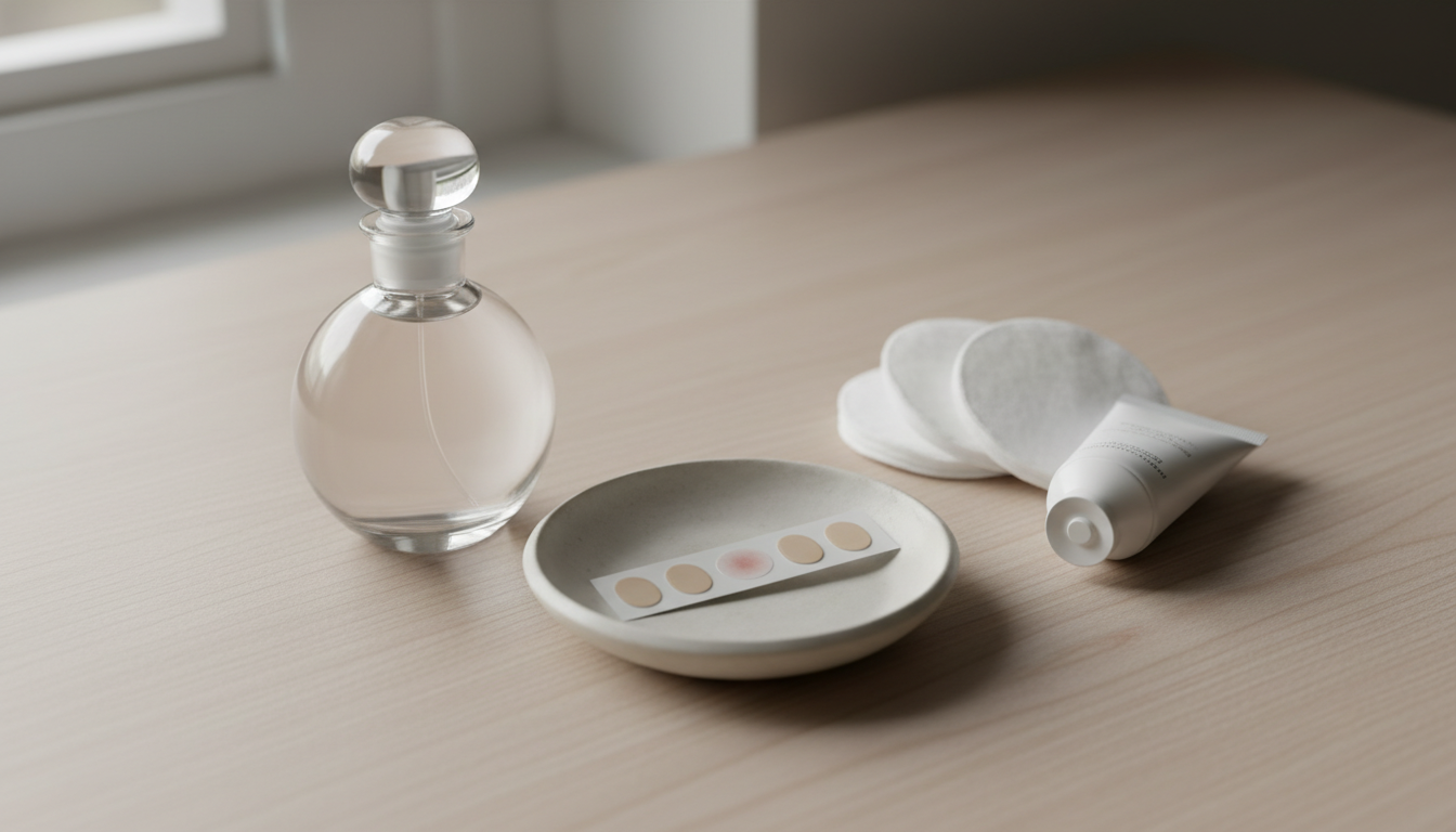 Frasco de perfume elegante ao lado de um pequeno dish com strip de patch-test, mostrando um ponto levemente rosado em um adesivo, sobre uma superfície neutra com um algodão e tubo de creme sem marca.