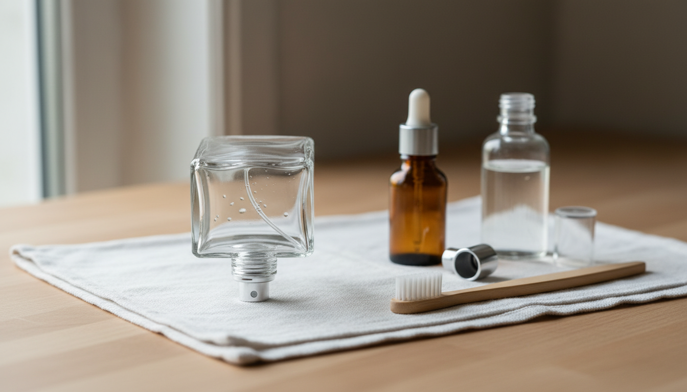 Frasco de perfume vazio invertido sobre toalha branca em bancada de madeira, com conta-gotas em frasco âmbar, garrafa de álcool e escova ao lado.