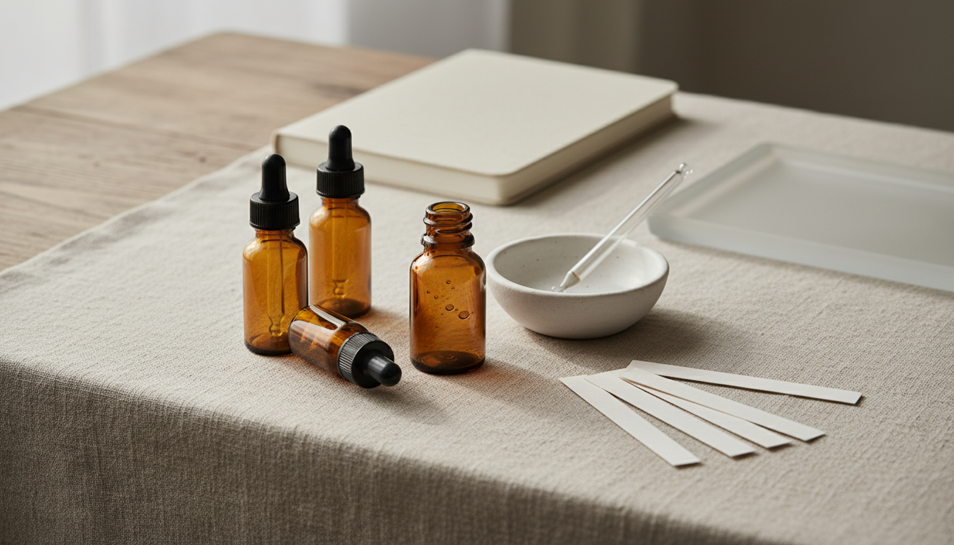 Decants âmbar, pipetas e tiras olfativas sobre tecido neutro, em uma composição editorial que sugere testes e mistura de perfumes.