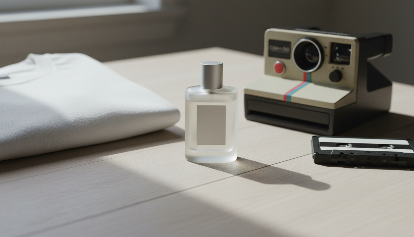 Frasco fosco e sem rótulo sobre mesa de madeira, com camiseta branca dobrada, câmera Polaroid vintage e fita cassete em iluminação suave.