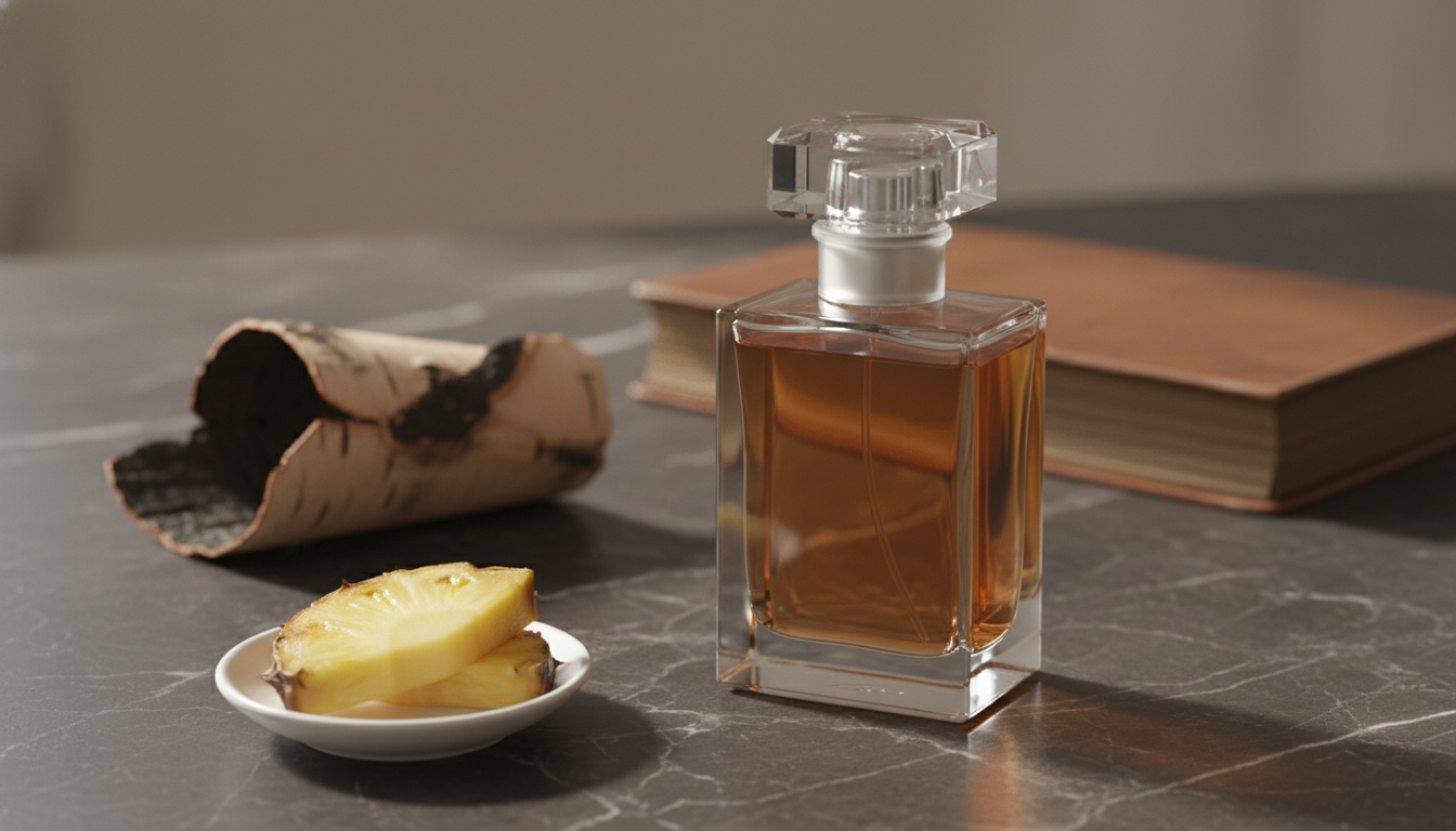 Frasco de perfume sem rótulo em vidro cristal levemente fumê sobre bancada de mármore escuro, com fatia de abacaxi em prato branco, pedaço de casca de bétula levemente queimada e livro de capa de couro ao fundo desfocado.