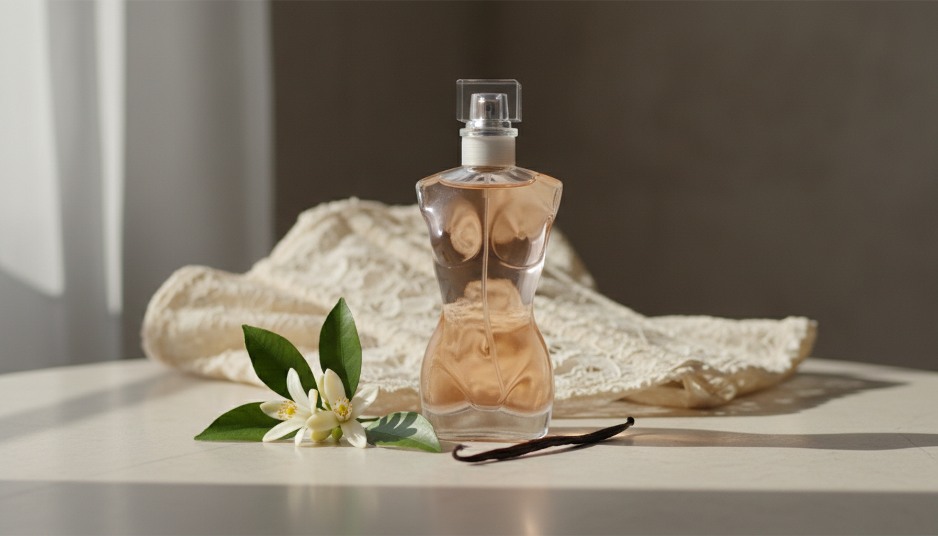 Frasco em forma de torso inspirado no Classique sobre mesa creme, com renda ao fundo e flor de laranjeira e fava de baunilha ao lado.