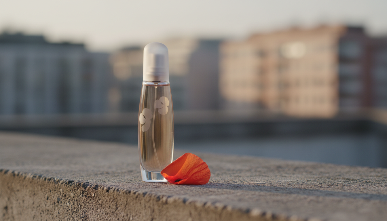 Frasco do perfume Flower by Kenzo apoiado sobre uma superfície de concreto urbano, com uma pétala de papoula vermelha encostada na base e fundo de cidade levemente desfocado.