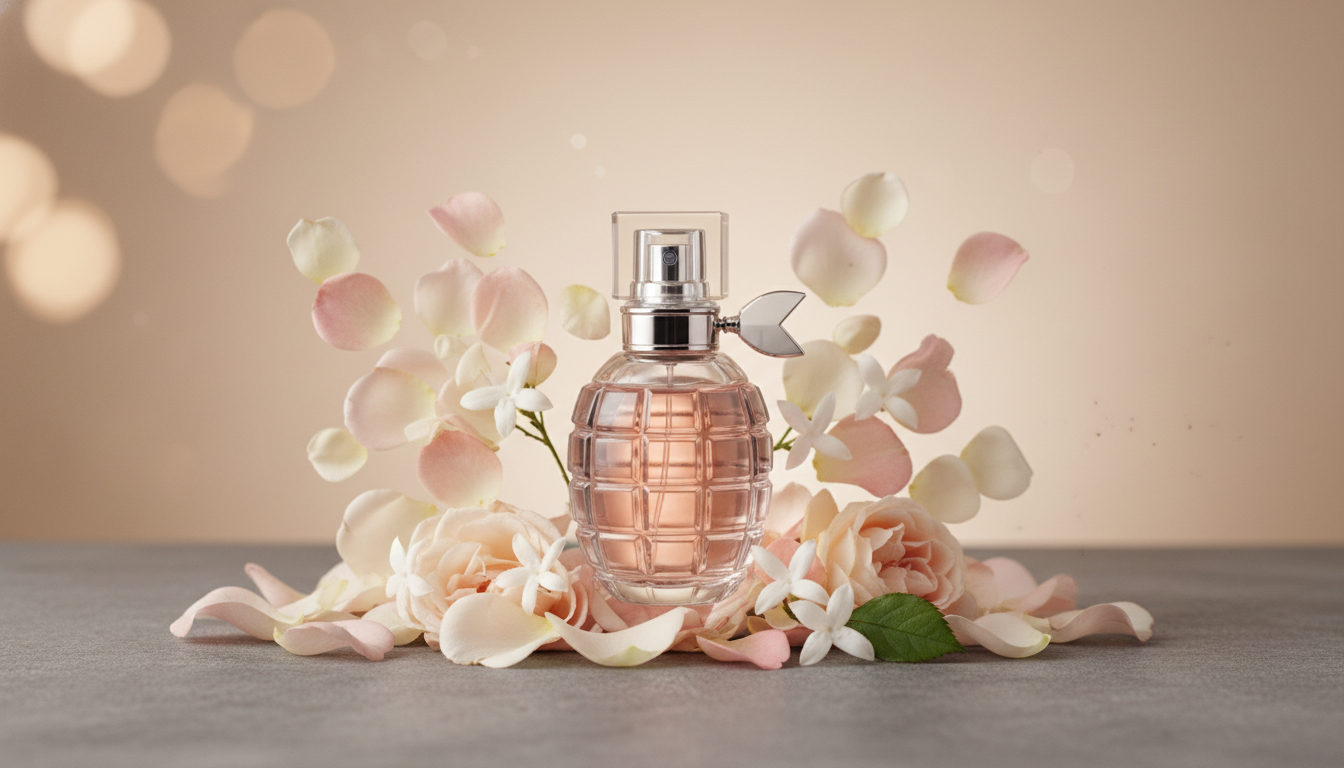 Frasco facetado do perfume Flowerbomb apoiado sobre superfície texturizada, com pétalas de rosa e jasmim dispersas e fundo neutro desfocado em estética editorial.