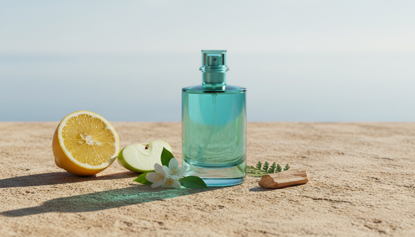 Frasco aqua-esverdeado de perfume sem rótulo sobre pedra mediterrânea, com fatias de limão e maçã, um raminho de jasmim e um pedaço de cedro, fundo desfocado que remete ao mar.