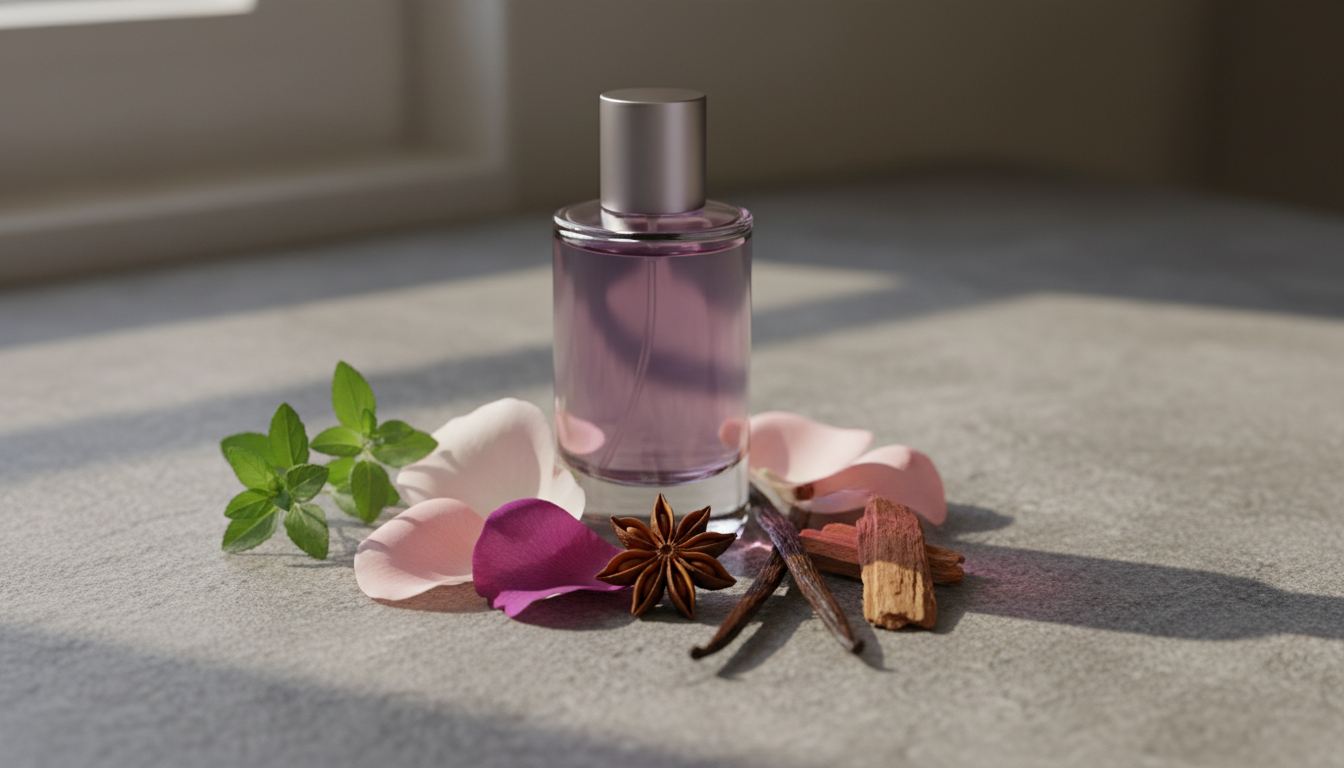 Foto editorial de um frasco de perfume violeta sem marca sobre bancada de pedra, cercado por pétalas de rosa, anis-estrelado, raminho de verbena, fava de baunilha e pedaço de patchouli.