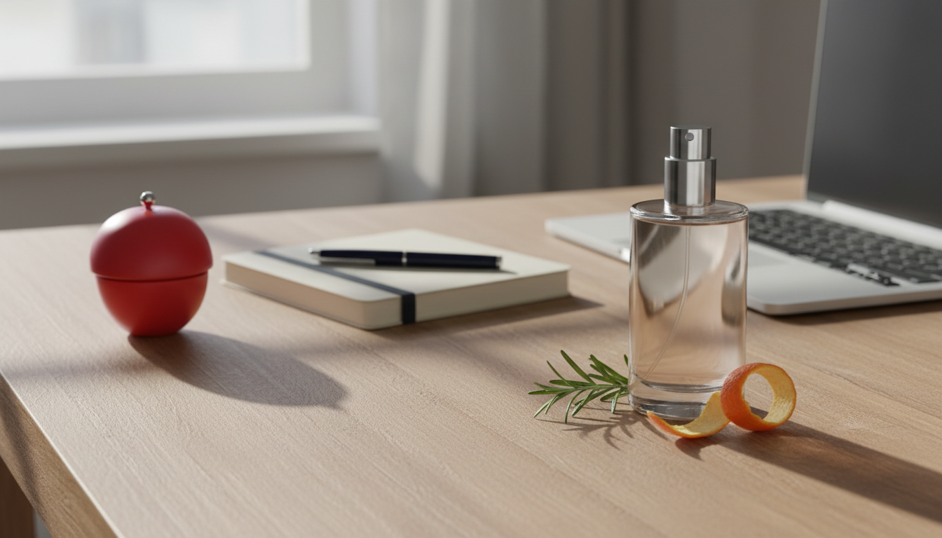 Mesa de trabalho editorial com uma garrafa de perfume discreta apoiada sobre madeira, raminho de alecrim e casca de cítrico próximos, teclado de laptop ao fundo e um caderno, luz natural suave.